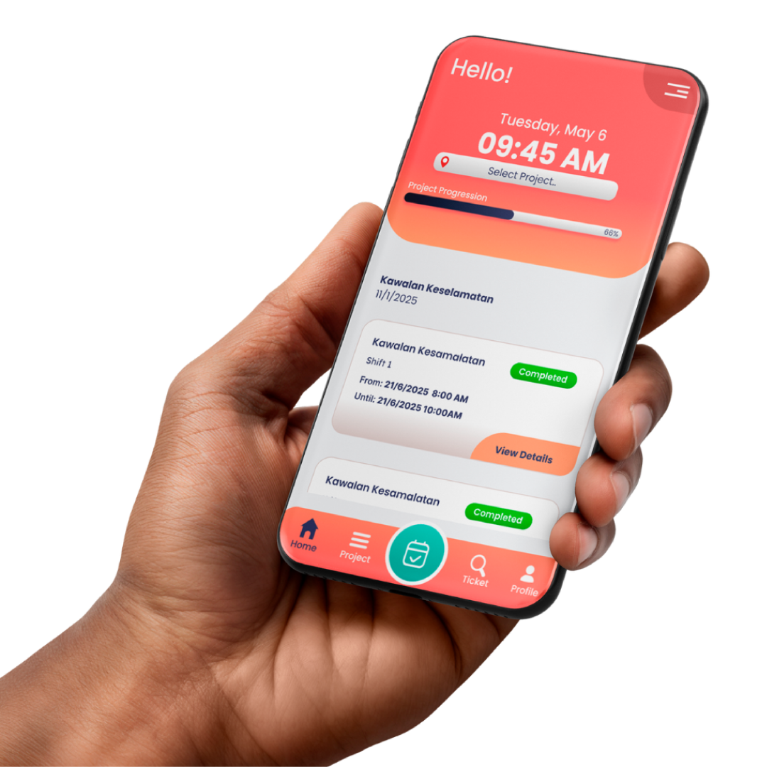 Nexus mobile dashboard — field workforce app for daily task management and GPS-tagged staff check-in in Malaysia